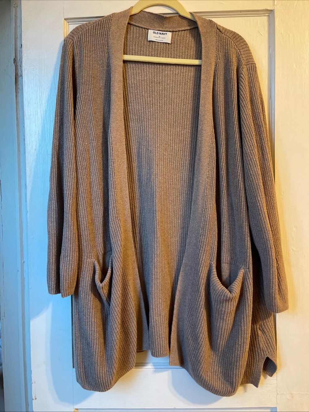 Women's Taupe Cardigan Sweater Open Front Cable Knit Pockets Size Large